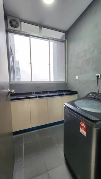 Laundry features: grey painted walls, black countertop, built-in cabinets with cream finish, window with city view, washing machine, tile flooring, ceiling light, ventilation fan; style: modern; view: city.