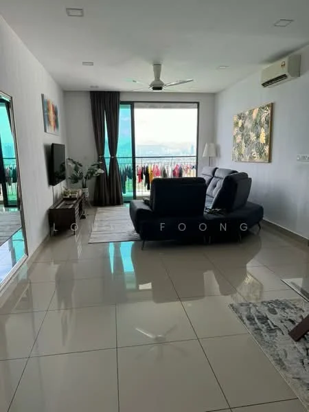 Living features: 3-seater fabric sofa in navy blue, coffee table, wall-mounted TV, floor-to-ceiling windows, sheer curtains, recessed downlights, ceiling fan, marble tile flooring, decorative mirror, area rug with geometric pattern, potted plant; style: modern; view: city.