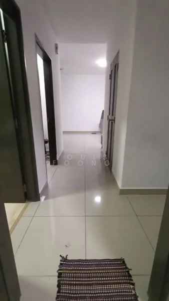 Hallway features: glossy ceramic tile flooring, white painted walls, recessed downlights, two wooden doors, one open doorway, neutral color scheme, mat at entrance; style: modern.