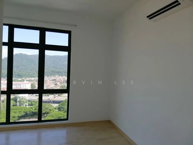 Room features: large floor-to-ceiling windows, mountain view, white painted walls, light wood flooring, wall-mounted split AC; style: modern; view: mountain.