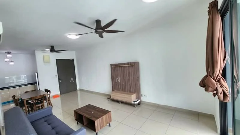 Living features: grey fabric 3-seater sofa, wooden coffee table, TV console, wall-mounted TV, 2 ceiling fans, large windows with sheer curtains, light-colored tiled flooring, white painted walls, recessed ceiling lights, open layout to kitchen, decorative wall panel, natural light from windows; style: modern; view: city.