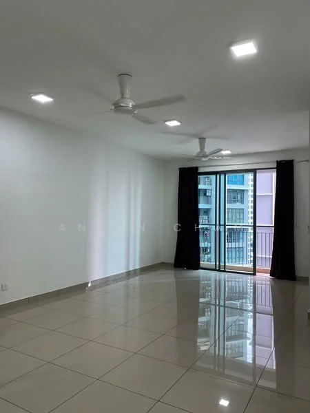 Living features: white painted walls, glossy ceramic tile flooring, 2 ceiling fans, recessed LED downlights, floor-to-ceiling windows, sliding glass door, blackout curtains, balcony view; style: modern; view: city.