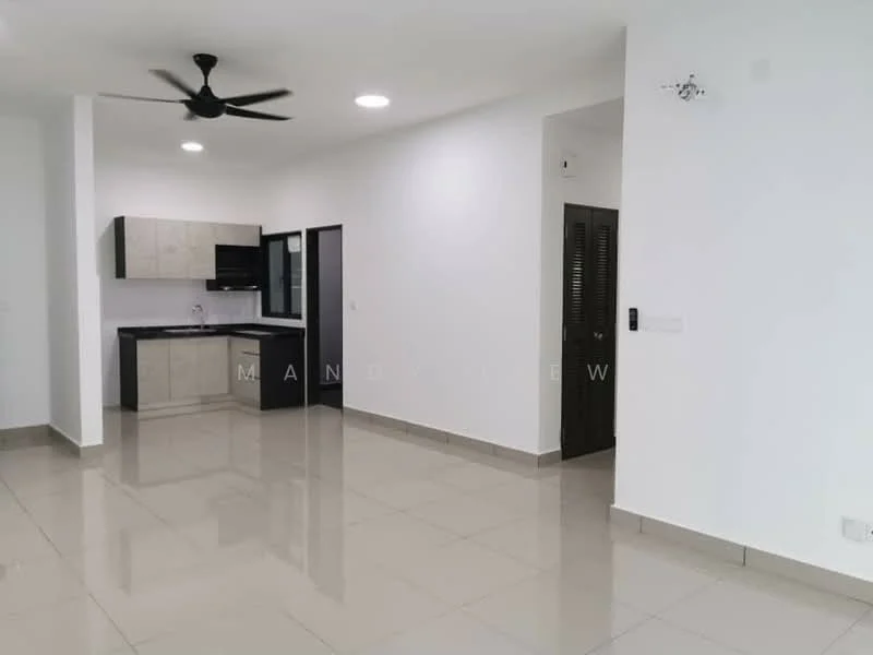 Living features: glossy tile flooring, white painted walls, 5-blade ceiling fan with light, recessed downlights, open-plan layout, kitchen area visible, black cabinetry, stainless-steel appliances, sliding glass door, neutral color palette; style: modern.