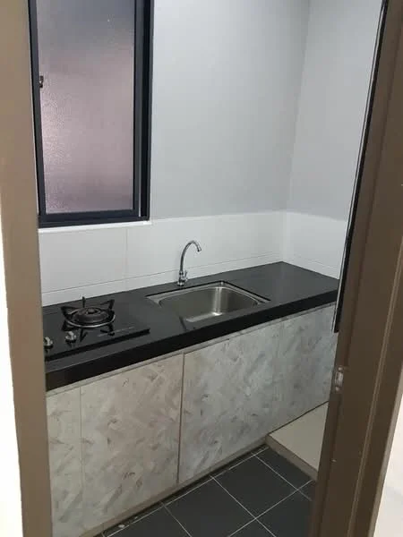 Kitchen features: black countertop, stainless-steel sink, chrome faucet, gas stove with two burners, white tiled backsplash, light grey painted walls, grey floor tiles, under-cabinet storage; style: modern.