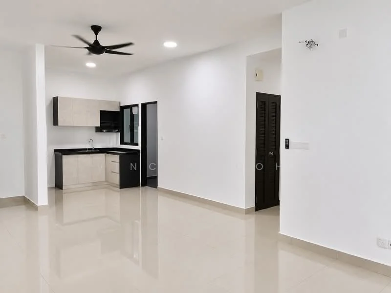 Living features: white painted walls, glossy beige floor tiles, 5-blade ceiling fan with light, recessed downlights, open-plan layout, kitchenette with black countertop, light wood cabinetry, black built-in oven, black cooktop, window with black frame, doorway leading to hallway; style: modern.