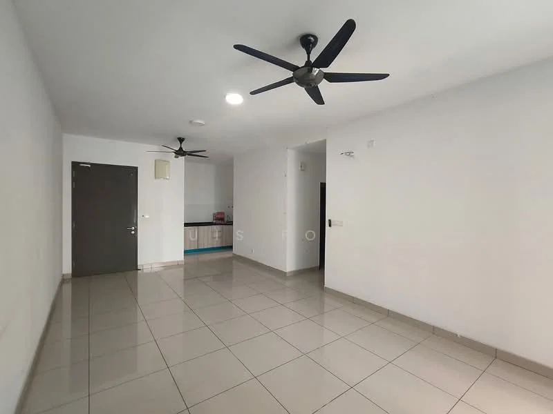 Living features: white painted walls, tile flooring, 2 ceiling fans, recessed downlights, open layout, door to hallway, door to kitchen, no visible furniture; style: modern.
