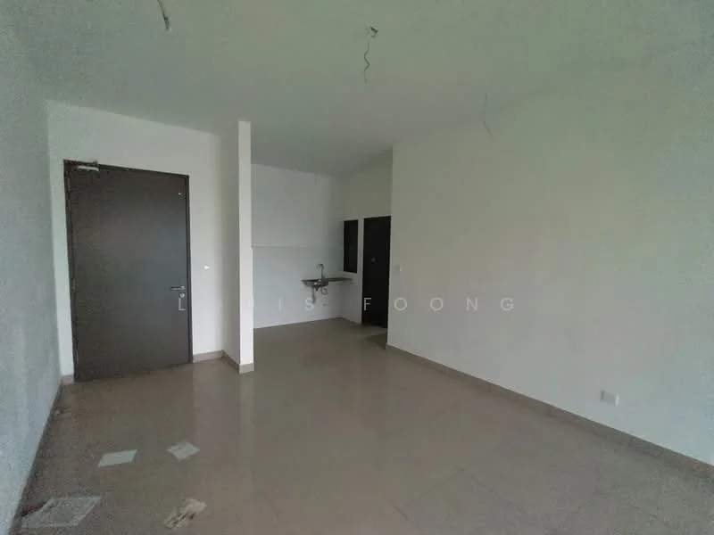 Room features: white painted walls, tile flooring, single door, kitchenette with sink, no visible appliances, no furniture, ceiling with exposed wiring, neutral color scheme; style: minimalist.