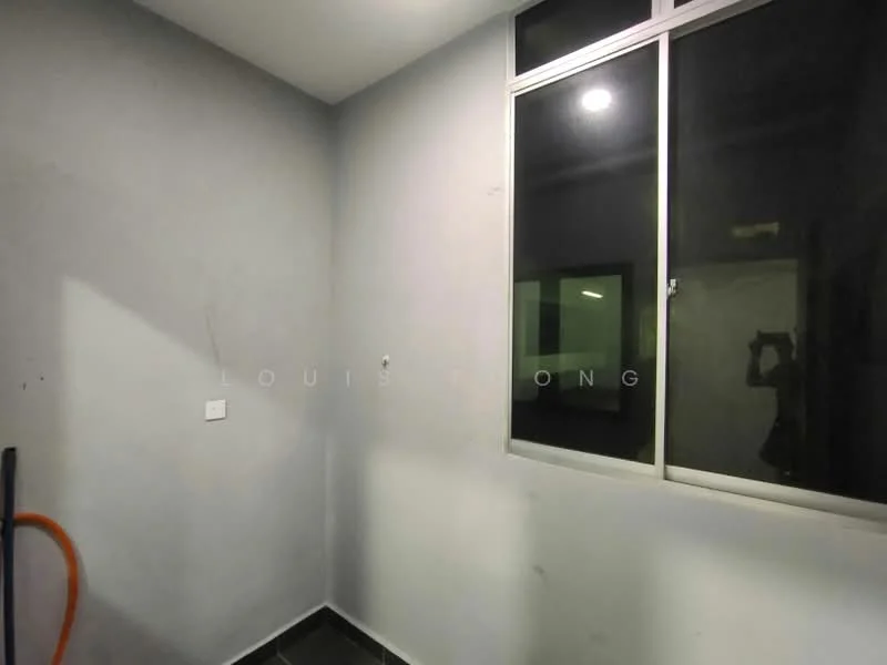 Room features: grey painted walls, black tile flooring, large window, unknown view.