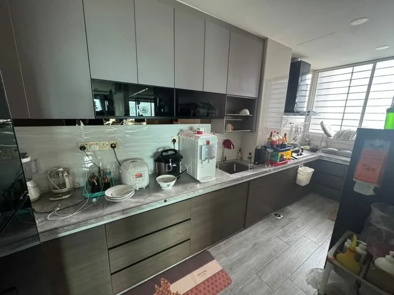 Kitchen features: grey cabinetry, marble countertop, stainless-steel sink, chrome pull-down faucet, built-in oven, microwave, blender, kettle, dishwasher, white ceramic bowls, wall-mounted cabinets, tile backsplash, grey tile flooring, window with horizontal slats; style: modern.