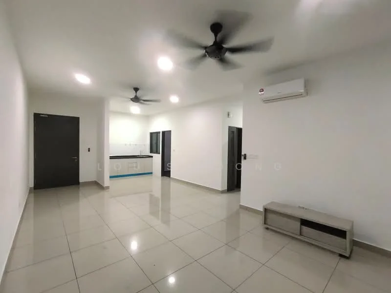 Living features: white painted walls, glossy ceramic tile flooring, 2 ceiling fans, 1 wall-mounted split AC, recessed LED downlights, TV console, open layout to kitchen, neutral color scheme; style: modern.