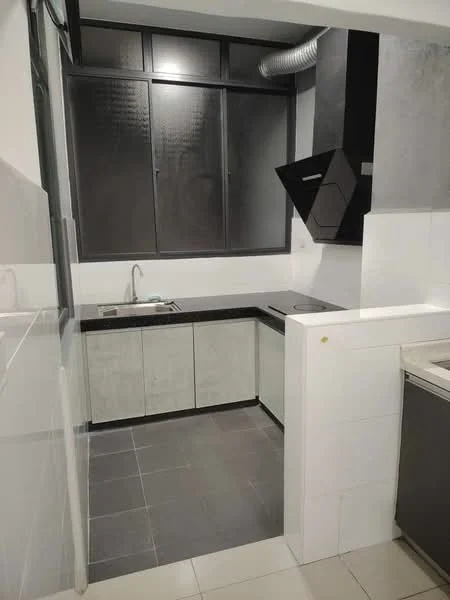 Kitchen features: black countertop, grey cabinetry, stainless-steel sink, chrome pull-down faucet, built-in stove, black range hood, tile backsplash, grey tile flooring, window with black frame, exposed ductwork; style: modern.