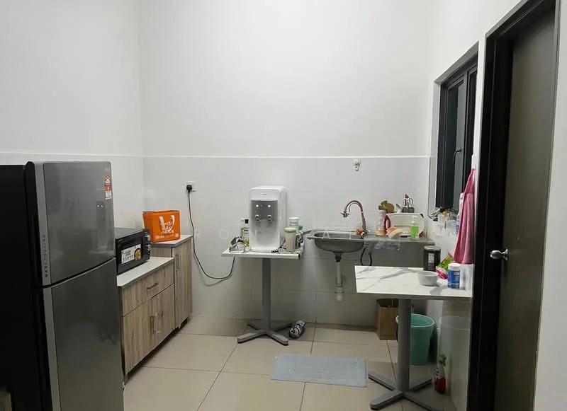 Kitchen features: stainless-steel fridge, microwave, sink with faucet, kitchen countertop, wood cabinetry, tile backsplash, ceramic tile flooring, water dispenser, kitchen utensils, cleaning supplies, wall-mounted shelves; style: modern.