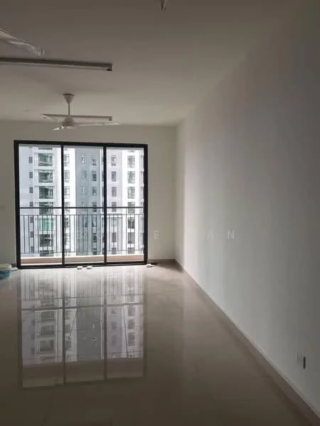 Room features: white painted walls, polished tile flooring, 5-blade ceiling fan, floor-to-ceiling windows, sliding glass door, balcony access, natural light from windows; style: modern; view: city.