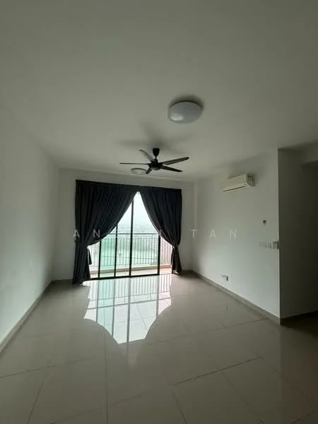 Living features: white painted walls, glossy tile flooring, 5-blade ceiling fan with light, floor-to-ceiling sliding glass door, blackout curtains, air conditioning unit, balcony access, natural light from balcony; style: modern; view: city.