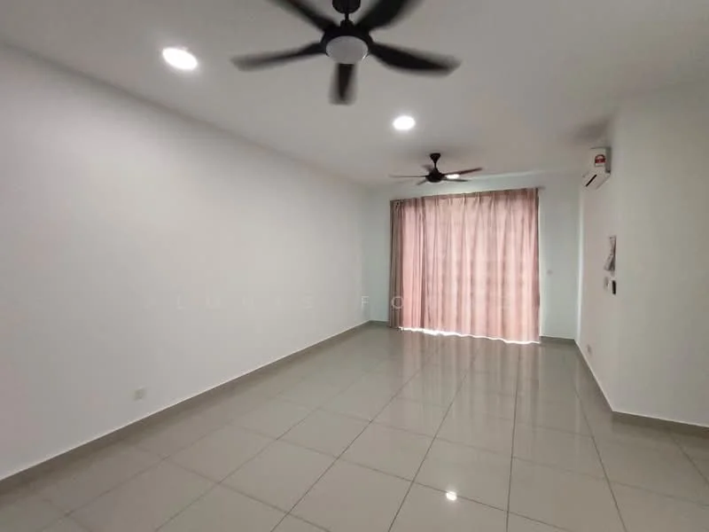 Living features: white painted walls, glossy ceramic tile flooring, 2 ceiling fans, recessed downlights, floor-to-ceiling windows with sheer curtains, air conditioning unit on wall, neutral color scheme, open layout; style: modern.