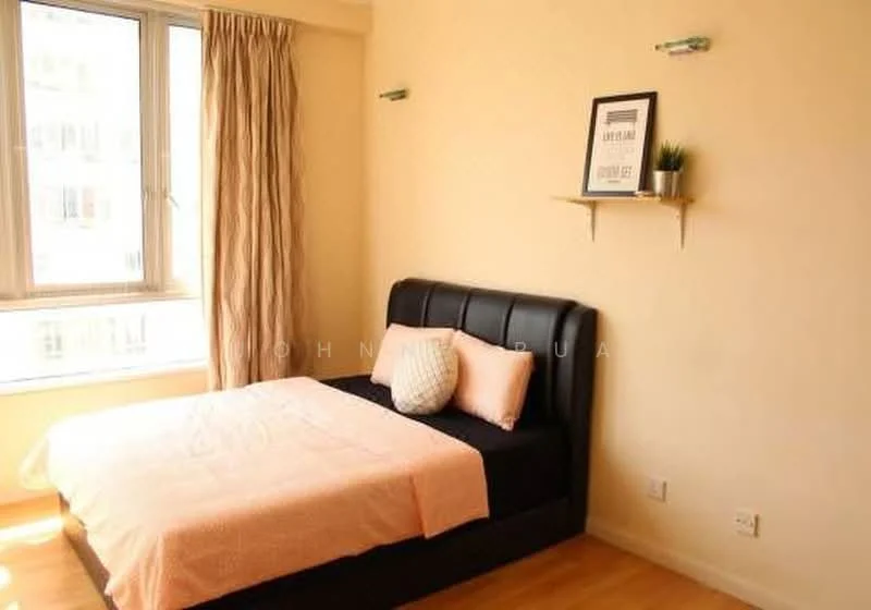 Bedroom features: queen-size bed with black upholstered headboard, pink bedspread, light wood flooring, floor-to-ceiling window, sheer curtains, decorative wall shelf, framed artwork on wall, decorative plant on shelf, wall-mounted light fixtures; style: modern.