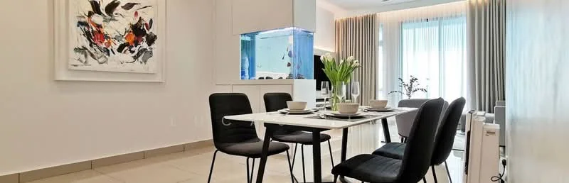 Dining features: white dining table, 4 black dining chairs, decorative vase with flowers, framed abstract artwork on wall, glass aquarium, floor-to-ceiling windows with sheer curtains, tile flooring, wall-mounted air conditioning unit; style: modern; view: garden.