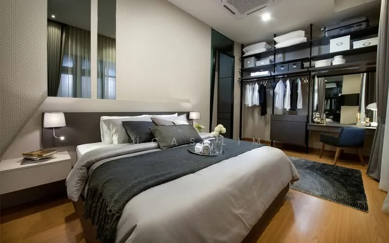 Bedroom features: king-size bed with grey bedding, upholstered headboard, nightstand with lamp, built-in wardrobe with sliding doors, open shelving with folded clothes, study desk with chair, decorative rug, wooden flooring, recessed ceiling lights, curtains, wall-mounted mirror; style: modern.