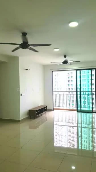Living features: 2 ceiling fans, recessed LED downlights, floor-to-ceiling windows, sliding glass door, white painted walls, glossy tile flooring, TV console, balcony access, natural light, open layout; style: modern; view: city.
