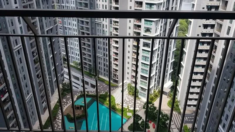 Balcony features: metal railing, floor tiles, view of swimming pool, view of landscaped garden, view of surrounding buildings; style: modern; view: pool.