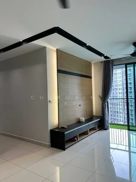Living features: white painted walls, glossy tile flooring, recessed ceiling lights, ceiling fan, wood feature wall, black TV console, large glass sliding door, curtains, balcony view; style: modern; view: city.