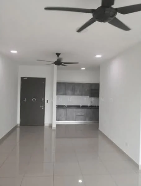 Living features: white painted walls, polished ceramic tile flooring, 2 ceiling fans, recessed LED downlights, open layout to kitchen, main entrance door, kitchen area visible in background; style: modern.