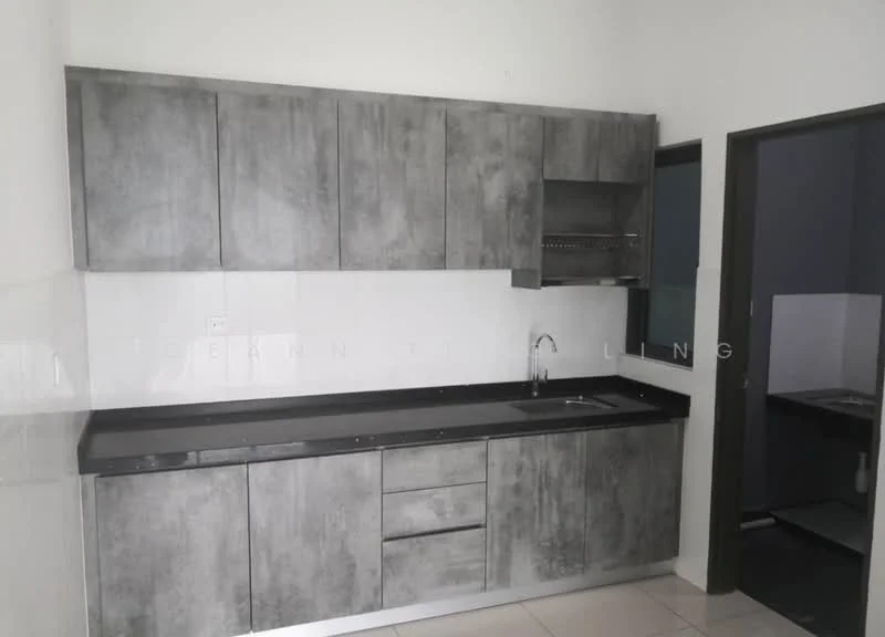 Kitchen features: concrete cabinetry, black countertop, stainless-steel sink, chrome faucet, wall-mounted cabinet, tile backsplash, ceramic tile flooring, neutral wall color, open layout; style: modern.