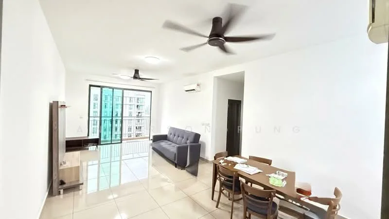 Living features: white painted walls, glossy tile flooring, 2 ceiling fans, sofa in dark grey, coffee table, TV console, floor-to-ceiling windows, sliding glass door, dining table with chairs, air conditioning unit; style: modern; view: city.