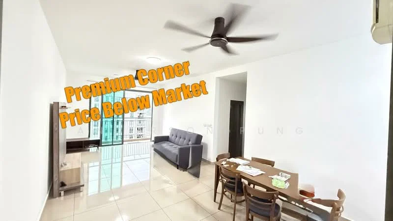 Living features: grey fabric sofa, wooden coffee table, 4-seater dining table, brown dining chairs, floor-to-ceiling windows, sliding glass door, cream painted walls, tile flooring, ceiling fan, LED ceiling lights; style: modern; view: city.