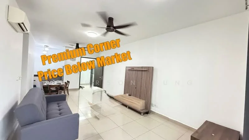 Living features: grey fabric sofa, 3-blade ceiling fan, white painted walls, tile flooring, dining table with chairs visible in background, wall-mounted TV console, decorative wall unit, recessed ceiling lights; style: modern.