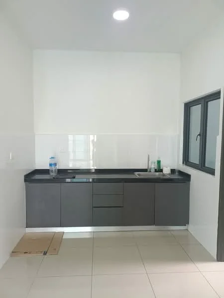 Kitchen features: grey cabinetry, black countertop, single-bowl stainless-steel sink, chrome pull-down faucet, white tiled backsplash, white painted walls, tile flooring, window with black frame, water bottle on countertop; style: modern.