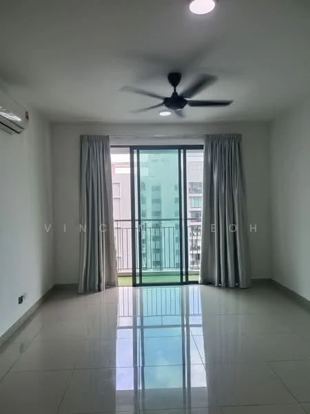 Living features: white painted walls, glossy ceramic tile flooring, 5-blade ceiling fan with light, floor-to-ceiling sliding glass door, sheer curtains, balcony view, air conditioning unit, recessed LED downlights; style: modern; view: city.