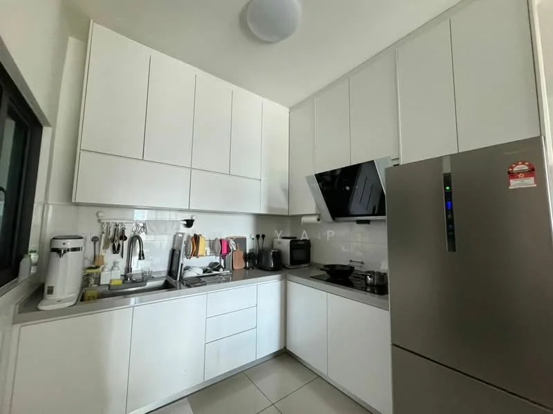 Kitchen features: white flat-panel cabinets, stainless-steel fridge, built-in oven, ceramic cooktop, black range hood, single-bowl stainless-steel sink, chrome pull-down faucet, white tiled backsplash, grey countertop, wall-mounted microwave, kitchen utensils hanging, tile flooring, recessed ceiling lights; style: modern.