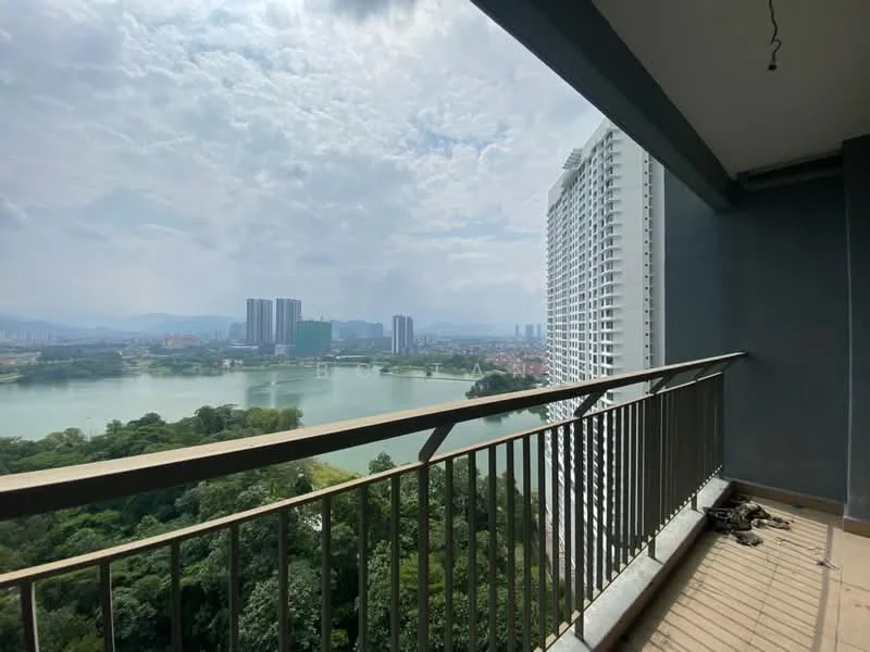Room features: balcony, metal railing, concrete flooring, view of lake, view of city skyline, surrounded by greenery, cloudy sky, high-rise buildings in distance; style: modern; view: lake.