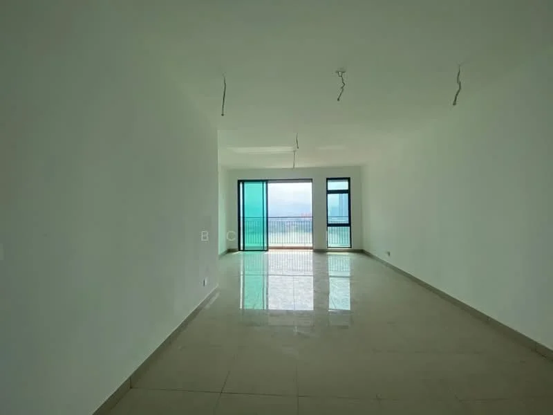 Living features: white painted walls, polished tile flooring, floor-to-ceiling windows, sliding glass door, natural light from windows, unfurnished space, open layout, view of the outside; view: sea.
