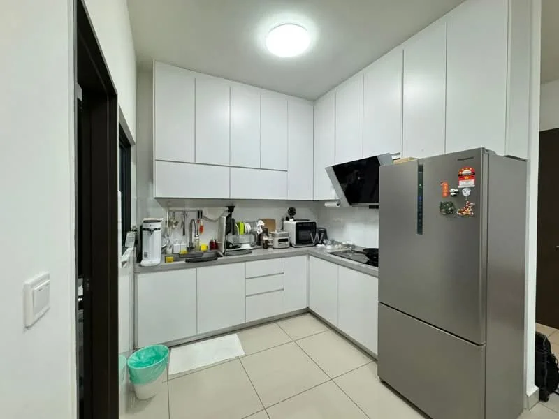 Kitchen features: white flat-panel cabinets, stainless-steel refrigerator, built-in oven, 4-burner gas hob, black wall-mounted range hood, grey countertop, white tiled backsplash, single-bowl stainless-steel sink, chrome pull-down faucet, ceramic tile flooring, recessed ceiling lights, kitchen utensils and appliances visible, green waste bin; style: modern.