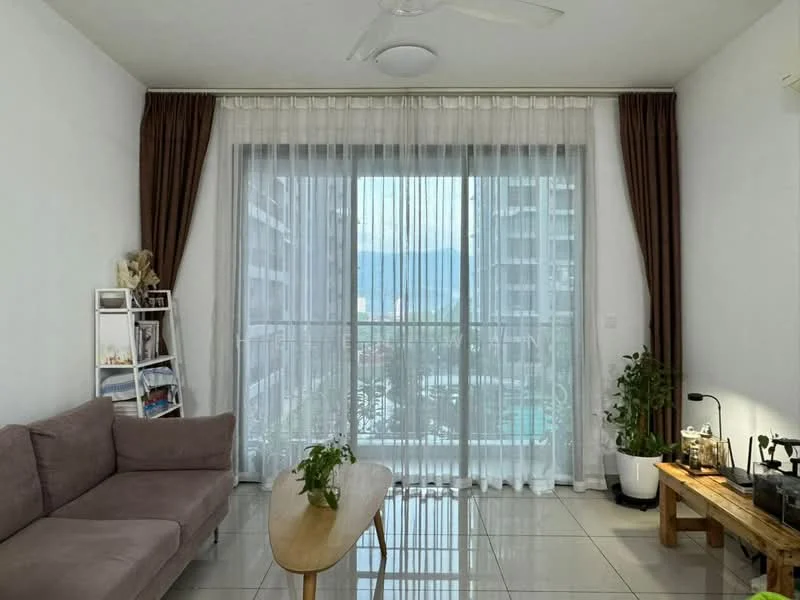 Living features: grey fabric sofa, wooden coffee table, floor-to-ceiling windows, sheer curtains, brown drapes, white painted walls, tile flooring, ceiling fan, decorative plants, shelving unit; style: modern; view: pool.