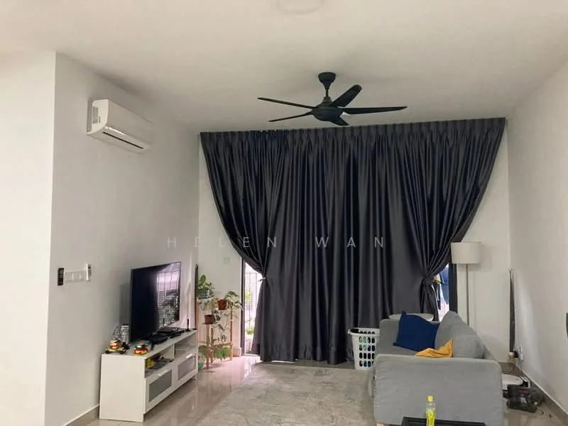 Living features: grey fabric sofa, 3-blade ceiling fan, wall-mounted TV, TV console, large floor-to-ceiling windows, dark grey curtains, light-colored area rug, decorative plants, white shelving unit, laminate flooring, recessed lighting; style: modern.