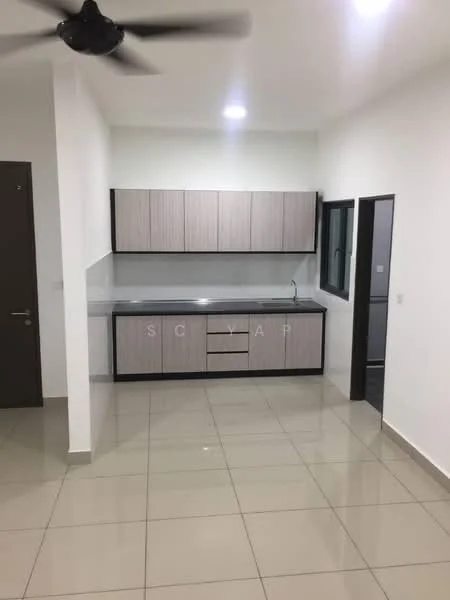 Kitchen features: grey laminate cabinetry, white countertop, single-bowl stainless-steel sink, chrome pull-down faucet, ceramic tile flooring, recessed LED downlights, wall-mounted split AC, floor-to-ceiling window, neutral painted walls, open shelving, kitchen island, modern design; style: modern.