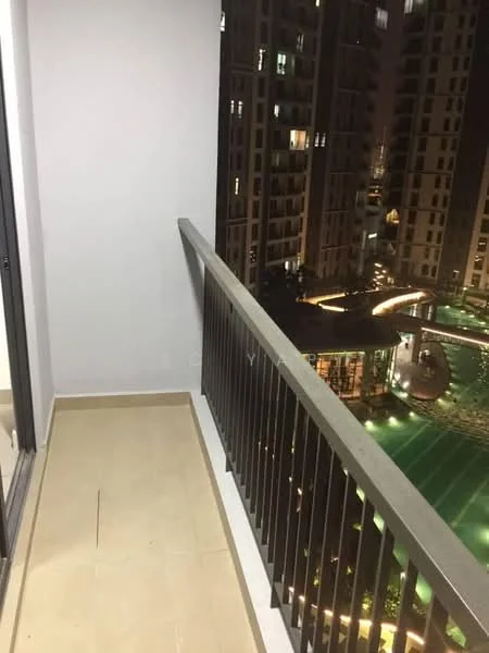 Room features: balcony, metal railing, tile flooring, night view, city skyline visible, surrounding buildings, outdoor space; style: modern; view: city.