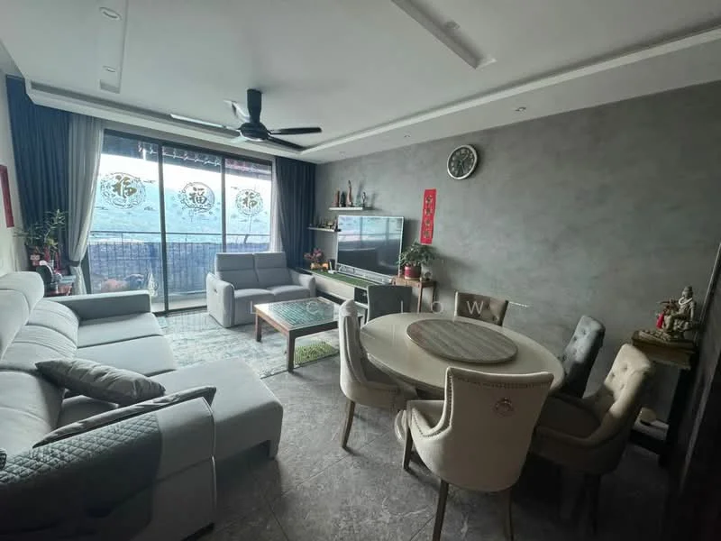 Living features: 3-seater fabric sofa in grey, 2-seater fabric sofa in grey, coffee table, TV console, wall-mounted TV, area rug with geometric pattern, ceiling fan, floor-to-ceiling windows, sliding glass door, curtains, decorative wall clock, wall-mounted shelves, greenery plants in pots; style: modern; view: city. Dining features: round dining table, upholstered dining chairs, decorative centerpiece; style: modern; view: city.