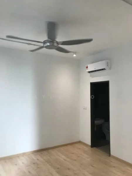 Room features: white painted walls, wooden flooring, 5-blade ceiling fan, wall-mounted split AC, door leading to bathroom, recessed downlights.