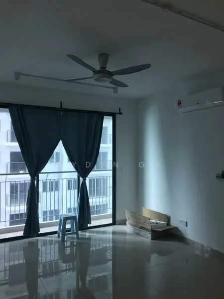 Living features: 5-blade ceiling fan, floor-to-ceiling windows, sliding glass door, curtains, light-colored walls, glossy tile flooring, air conditioning unit, balcony access; style: modern; view: city.