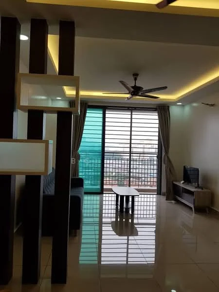 Living features: floor-to-ceiling windows, sliding glass door, curtains, 5-blade ceiling fan with light, recessed LED downlights, wall-mounted TV, TV console, coffee table, 2-seater fabric sofa in grey, glossy tile flooring, decorative wall panels, city view; style: modern; view: city.