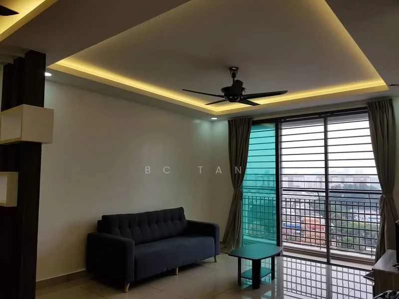 Living features: grey fabric 3-seater sofa, coffee table, ceiling fan with light, recessed LED downlights, white painted walls, glazed sliding windows, curtains, tile flooring; style: modern; view: city.