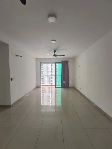Living features: white painted walls, glossy tile flooring, 5-blade ceiling fan with light, sliding glass door, floor-to-ceiling windows, curtains, balcony access, neutral color scheme; style: modern; view: city.