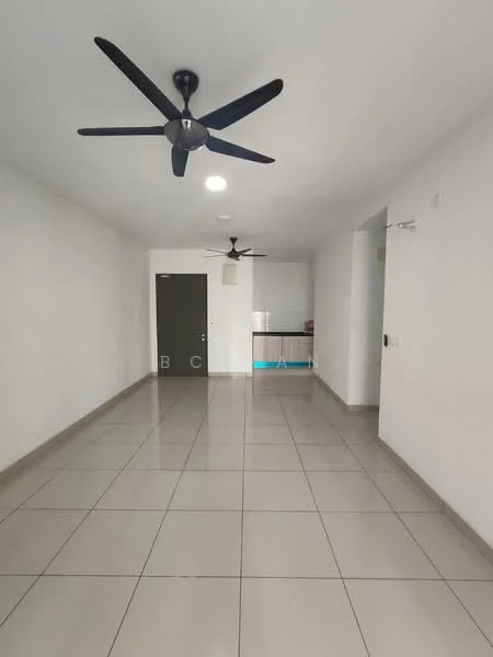 Room features: white painted walls, grey tiled flooring, 2 ceiling fans, recessed lighting, door leading to another room, open space layout; style: modern.