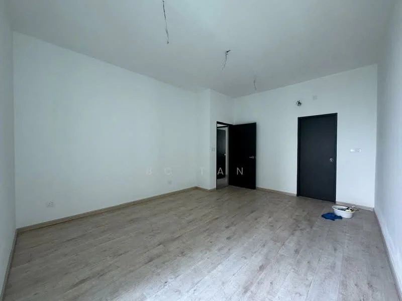 Room features: white painted walls, light wood laminate flooring, two black doors, no visible ceiling fixtures, empty space, no furniture, minimal decor; style: minimalist.