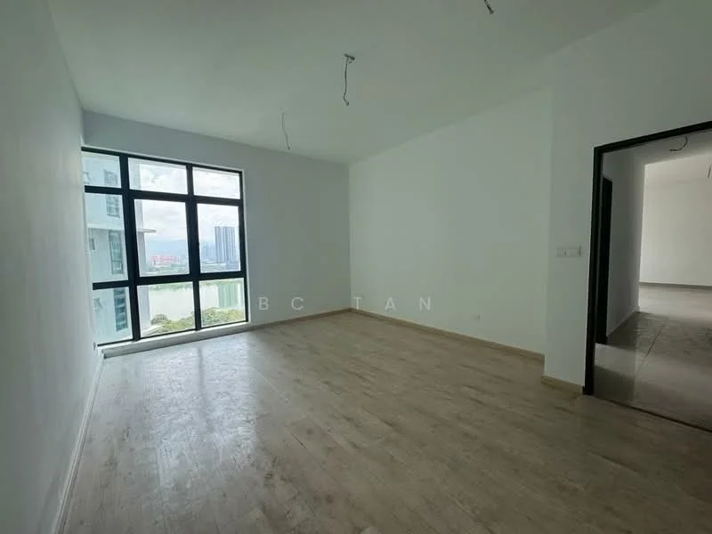 Room features: white painted walls, laminate flooring, floor-to-ceiling windows, city view, ceiling with exposed wiring; style: modern; view: city.