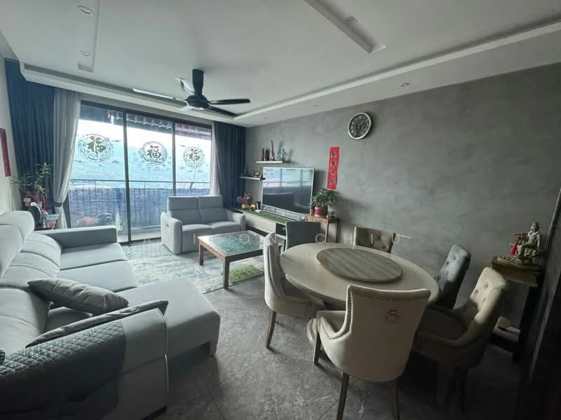 Living features: 3-seater fabric sofa in grey, 2-seater fabric sofa in grey, coffee table, TV console, wall-mounted TV, area rug with geometric pattern, ceiling fan, floor-to-ceiling windows, sliding glass door, curtains, decorative wall clock, wall-mounted shelves, potted plants; style: modern; view: city. Dining features: round dining table, upholstered dining chairs, decorative centerpiece; style: modern.